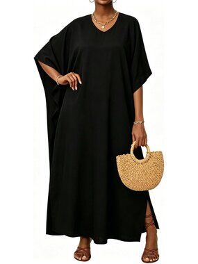 Womens Solid Black Plus Size V Neck Caftan Long Batwing Sleeve Swimsuit Cover Up